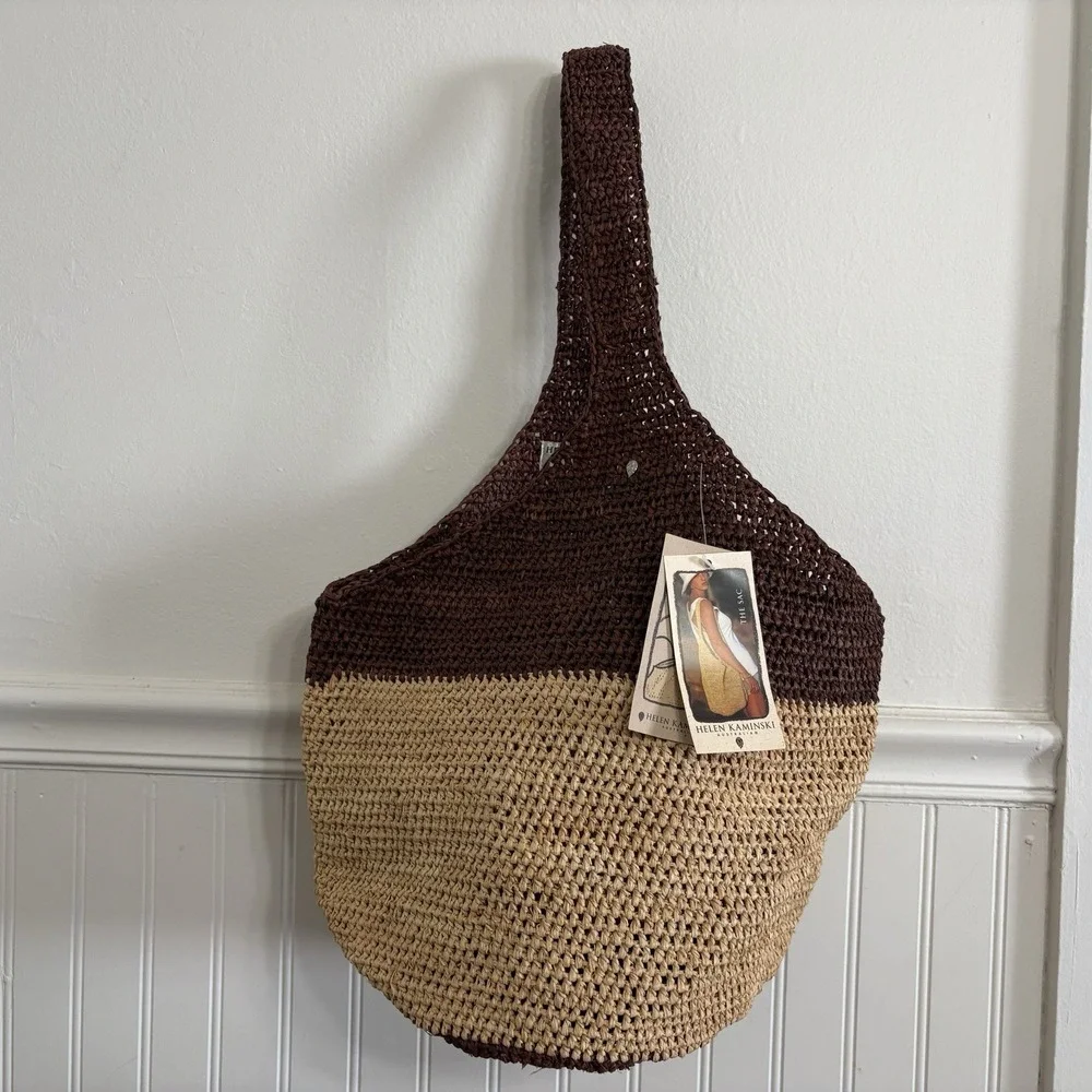Vtg Helen Kaminski Australia Raffia Hobo Bag Two Tone Natural Straw Beach NWT